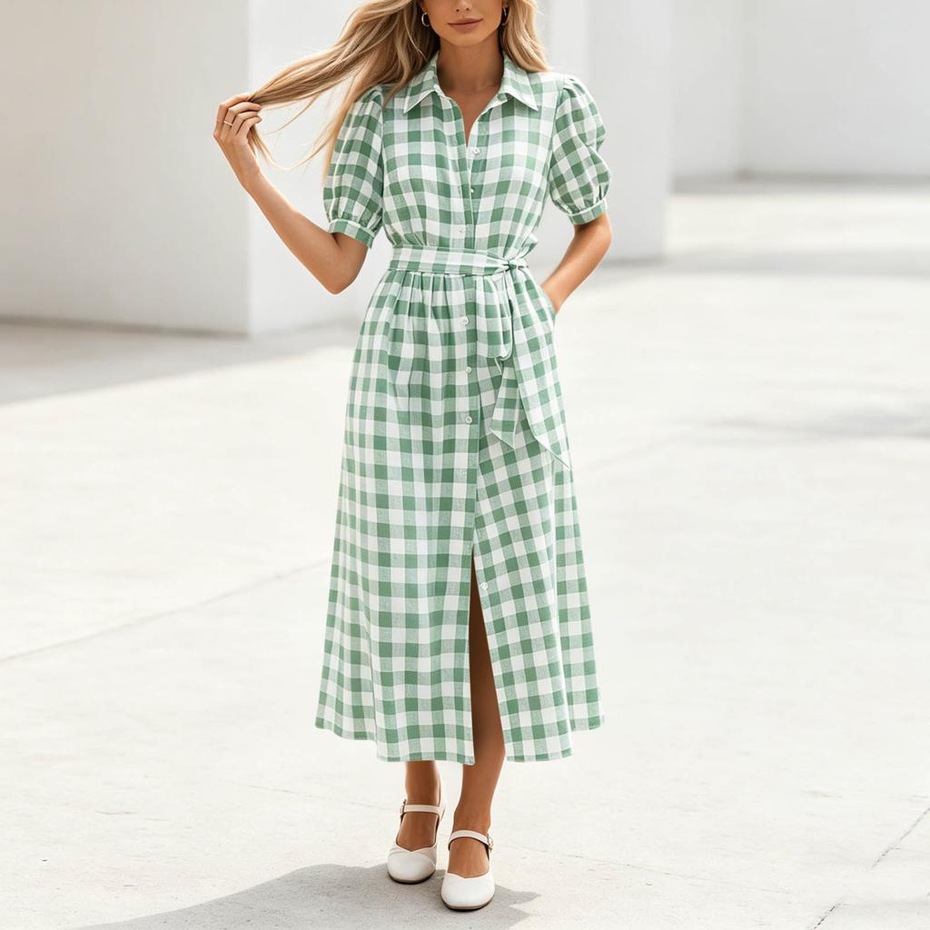 Women Casual Shirt Dress Midi Length Button Front Dress with Belted Waist and Short Sleeve Turn Down Collar Plaid Pattern