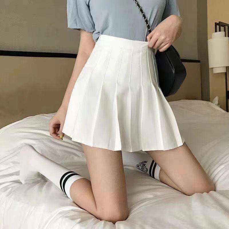 Women's High Waist Pleated Mini Skirt Preppy Style Solid Color Short Skirt With Safety Shorts