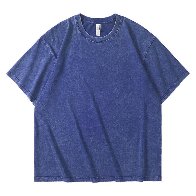 Retro bawełniany T-shirt z efektem sprania, 230g, Prany, Krótki rękaw, Okrągły dekolt, Luźny krój, Wzór płatka śniegu, Męska odzież codzienna