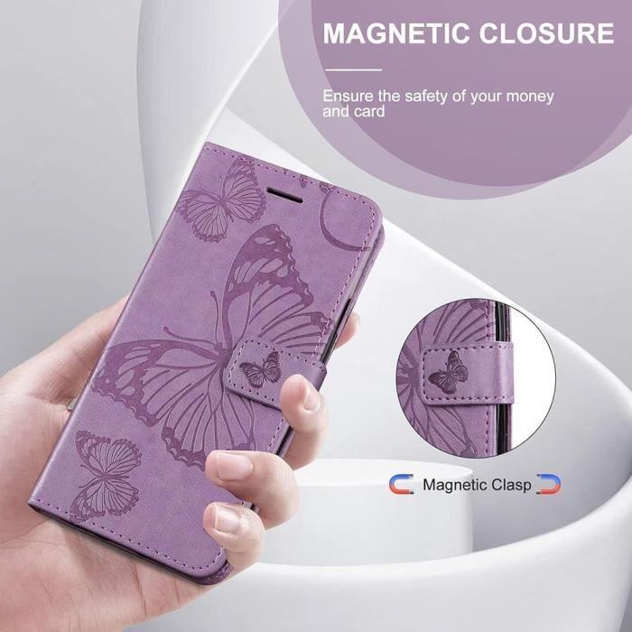 Coque de protection - Samsung - Galaxy S22 - Motif Papillon - Effet Cuir Violet - Support Téléphone