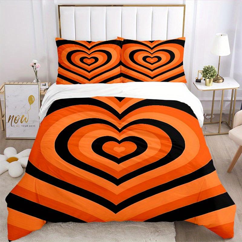 3pcs Orange Heart Pattern Bedding Set, Ideal for Home Use, Suitable for Bedroom Decor (1*Duvet Cover + 1/2*Pillowcases, No Core) Yy250821201