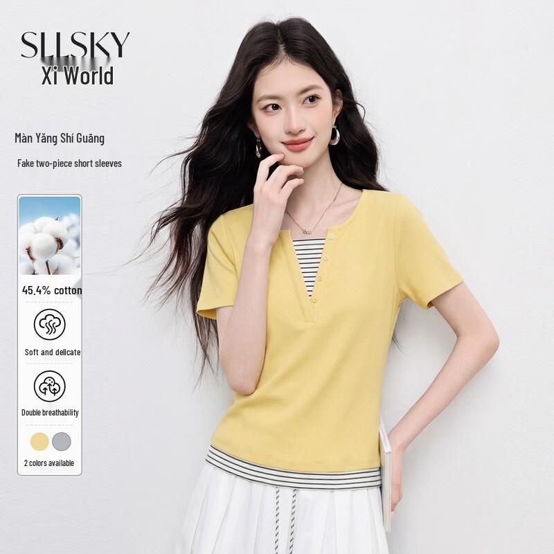 

Women s Striped Henley Faux Two-Piece T-Shirt XL