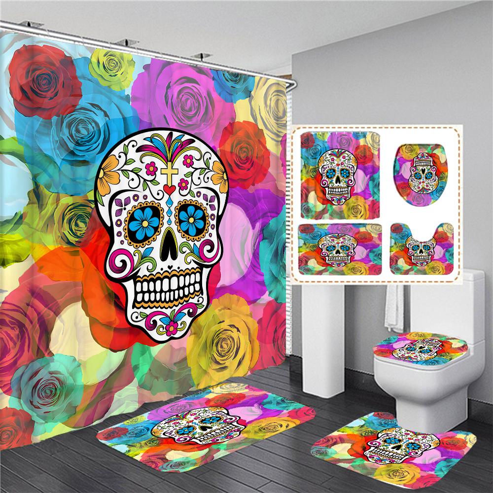 Black Skull Skeleton Printed Shower Curtain Set Horrible Halloween Festival Bathroom Decor Pedestal Rug Lid Carpet Toilet Cover