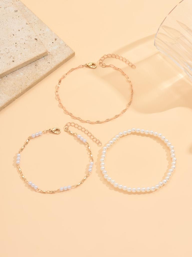 3PCS Layered Stackable Imitate Pearl Anklet Set Gold Dainty Minimalist Boho Summer Beach Vacation Jewelry for Women