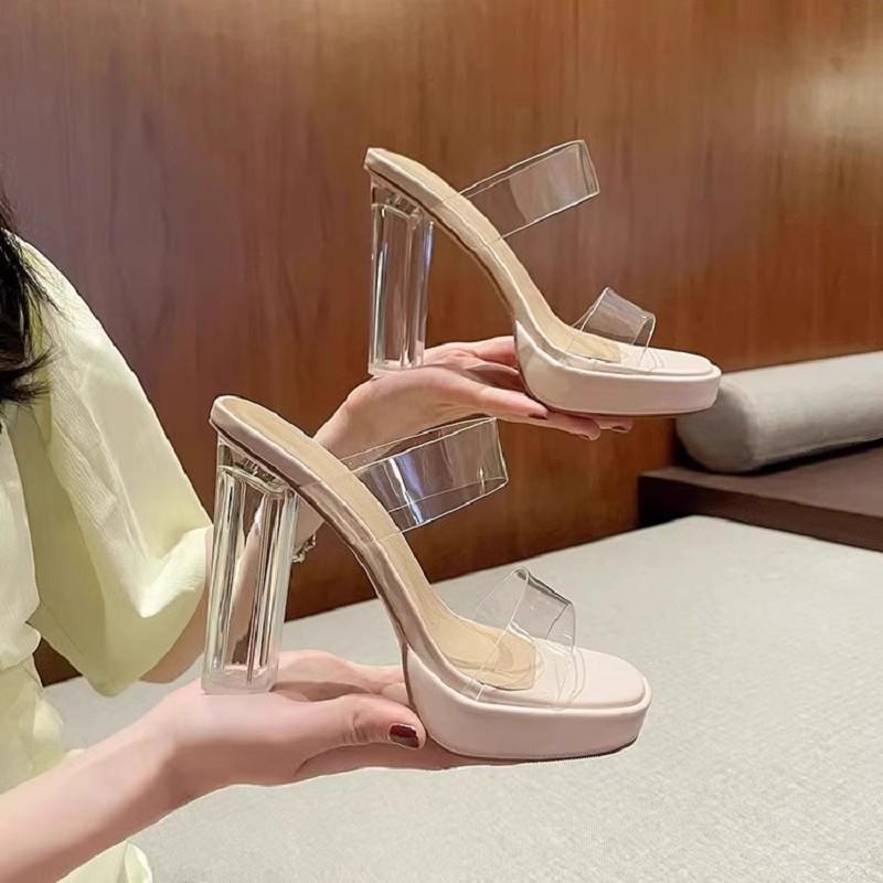 Transparent high heels women's new summer waterproof table sandals with thick heels and small size cool slippers