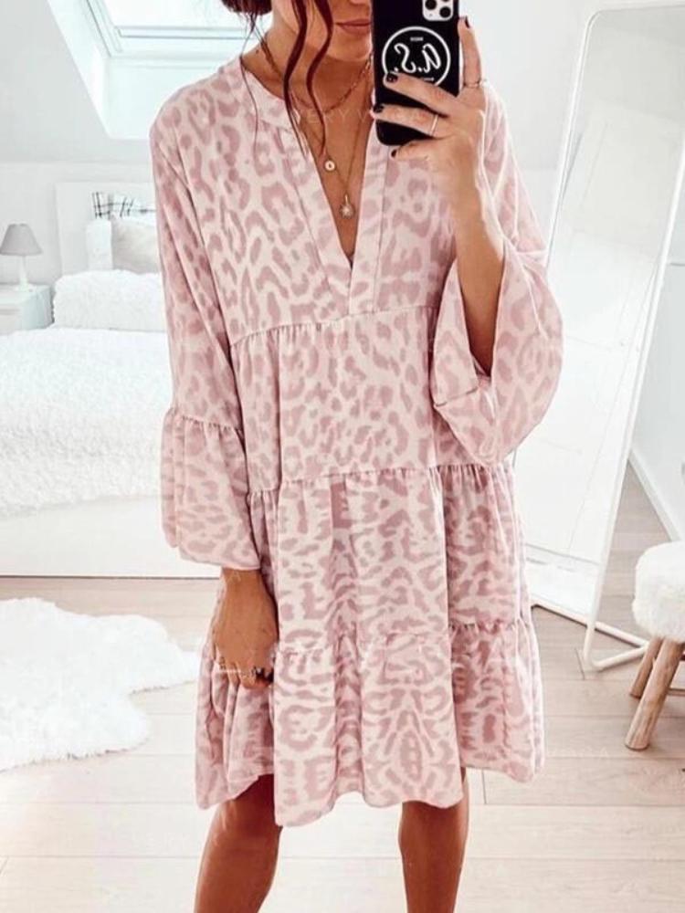 

Женское платье с V-образным вырезом, леопардовым принтом, рукавами-фонариками и многоярусной юбкой, в нескольких цветах S розовый