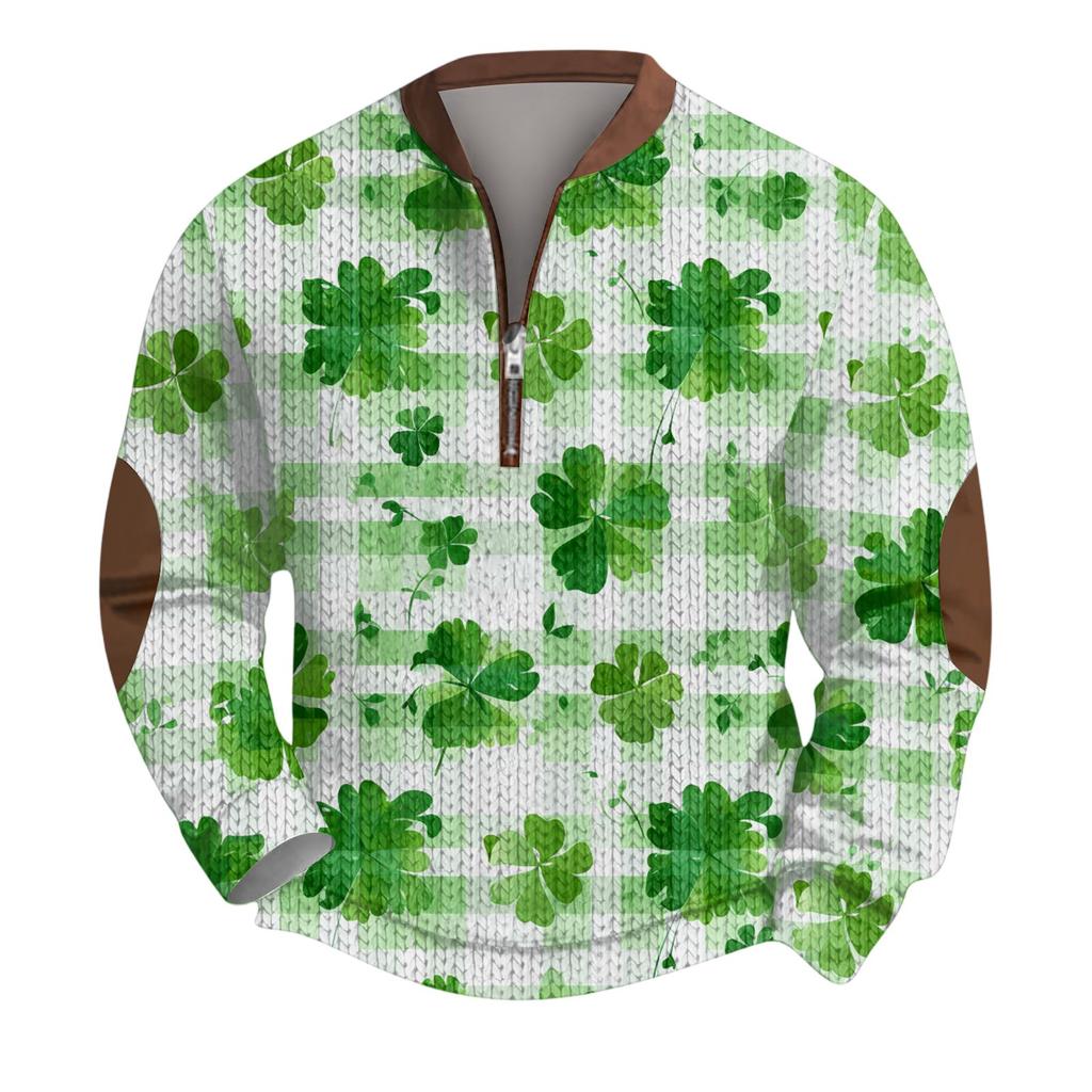 Mens Christmas Sweater Zip Up Sweatshirts Vintage Knit Graphic Sweatshirt St. Patrick's Day Stand Collar Pullover