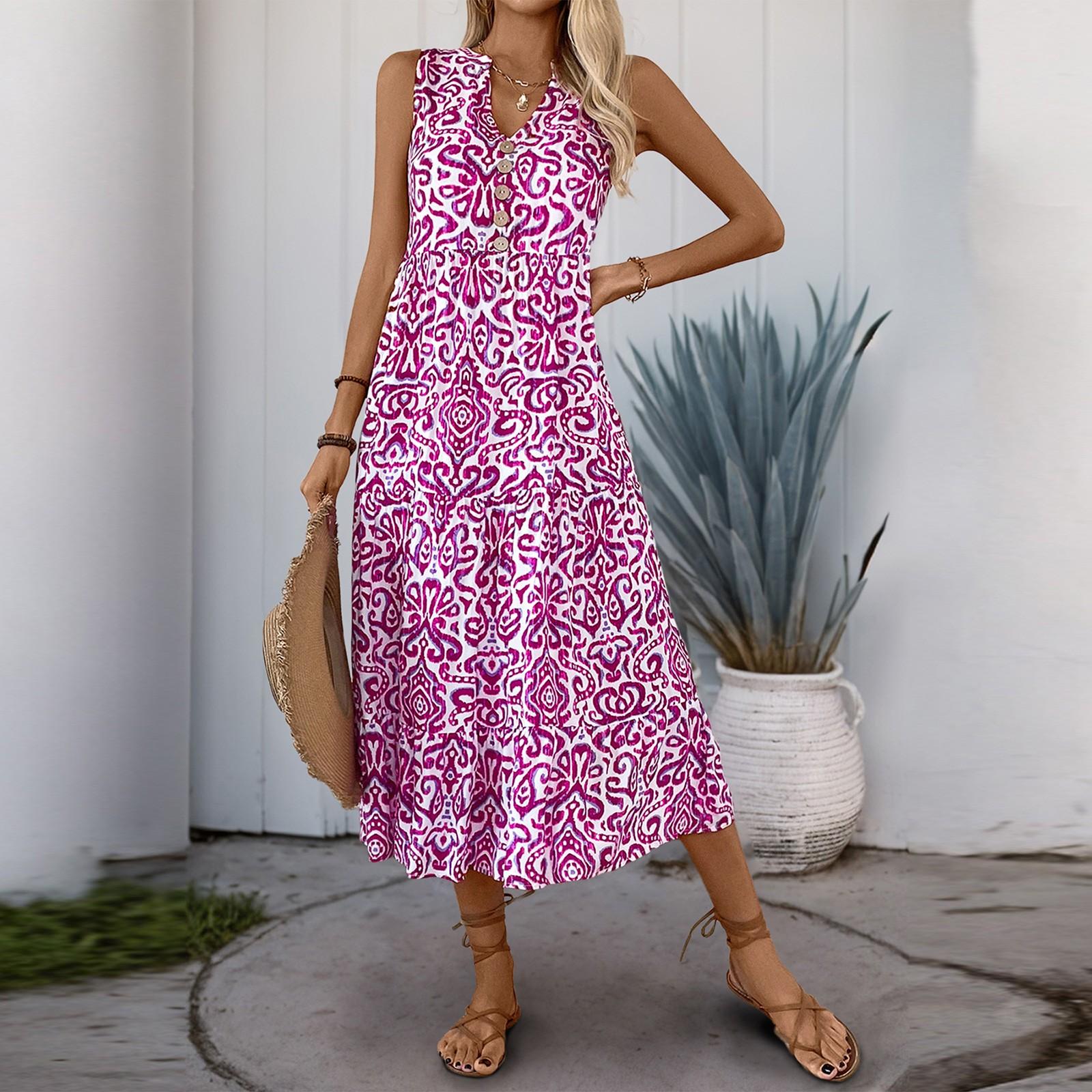 

Женское модное платье без рукавов с V-образным вырезом и этническим принтом L горячий розовый