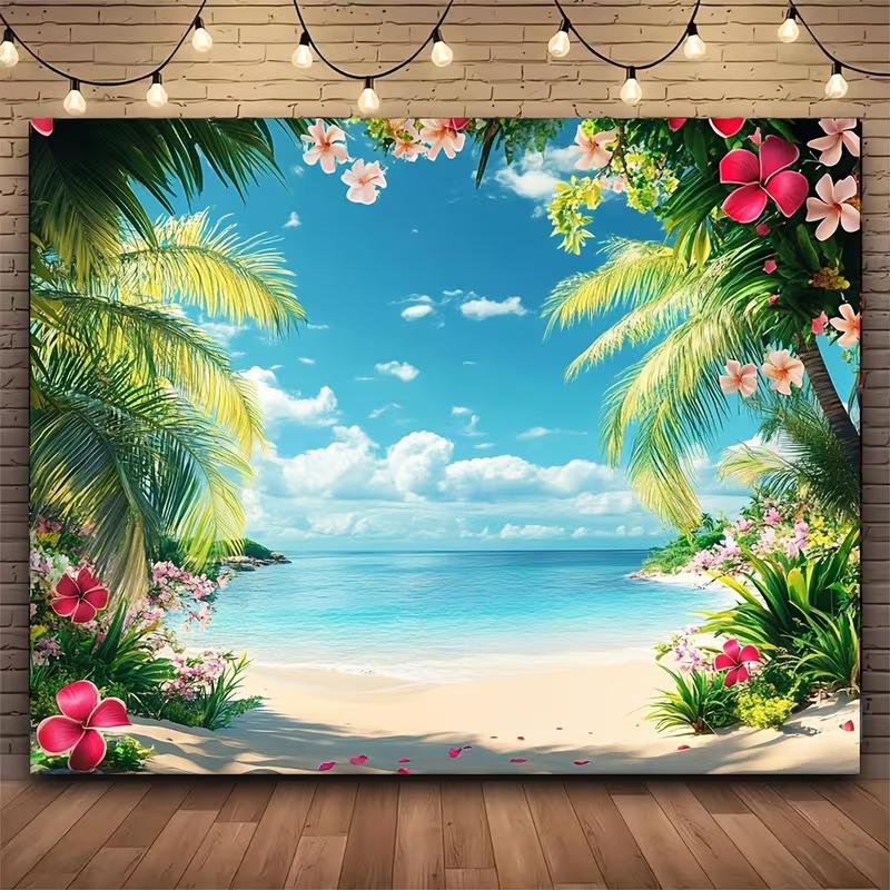 2D Tropical Flower Beach Backdrop Palm Tree Ocean Photography Background