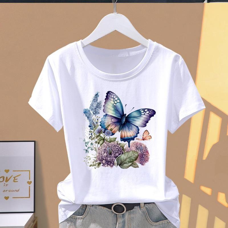 

Повседневная K-стиль Тонкая Верхняя одежда Лето Новое поступление Принт Инс Западный стиль Женская мода Цветок круглый вырез Модная футболка с коротким рукавом White TB35635 S