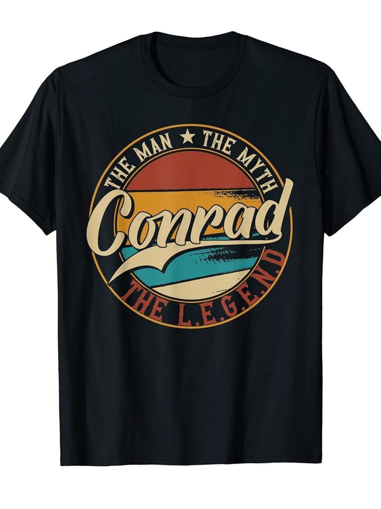 Conrad Men Mythology Legend Retro Pattern Tshirt Retro 70s80s Design Bold Gold and Red Letters