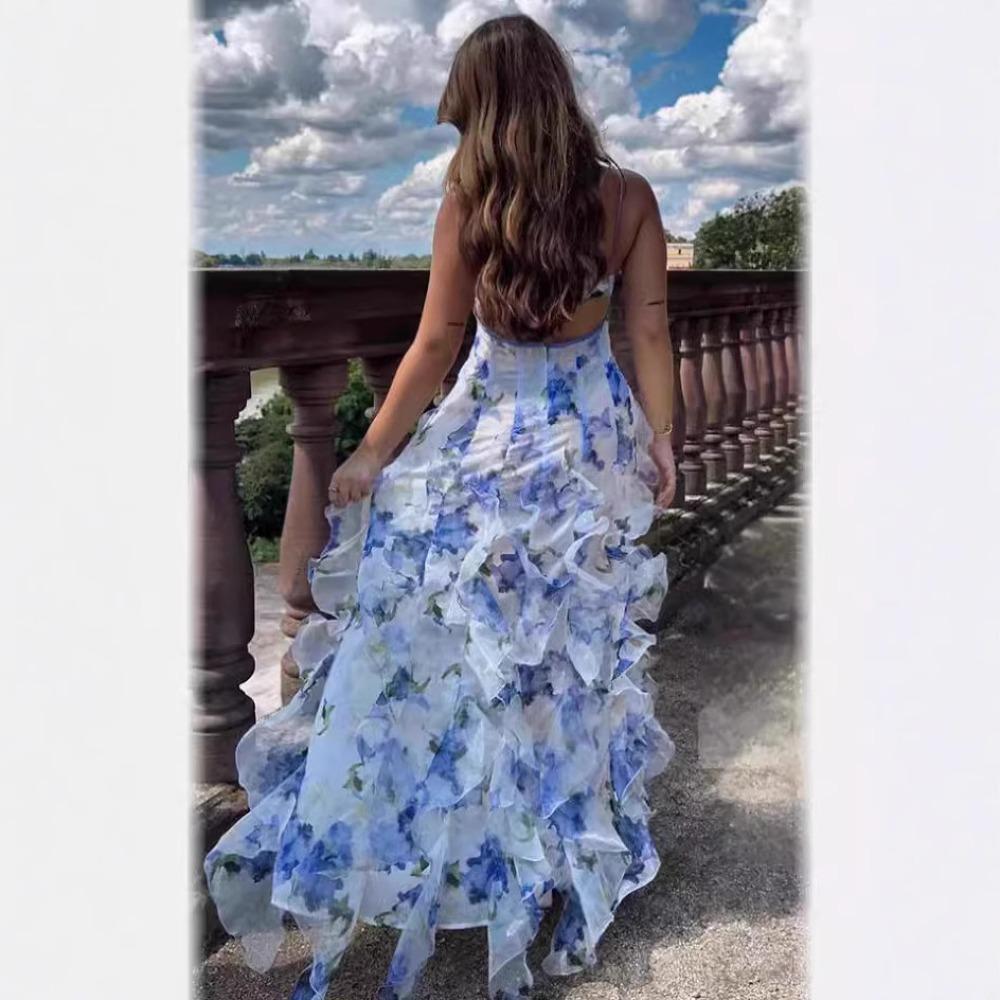 Off-the-shoulder European and American Women's Clothing Fashion Chiffon Printing Fairy Long Temperament Evening Dress Dress