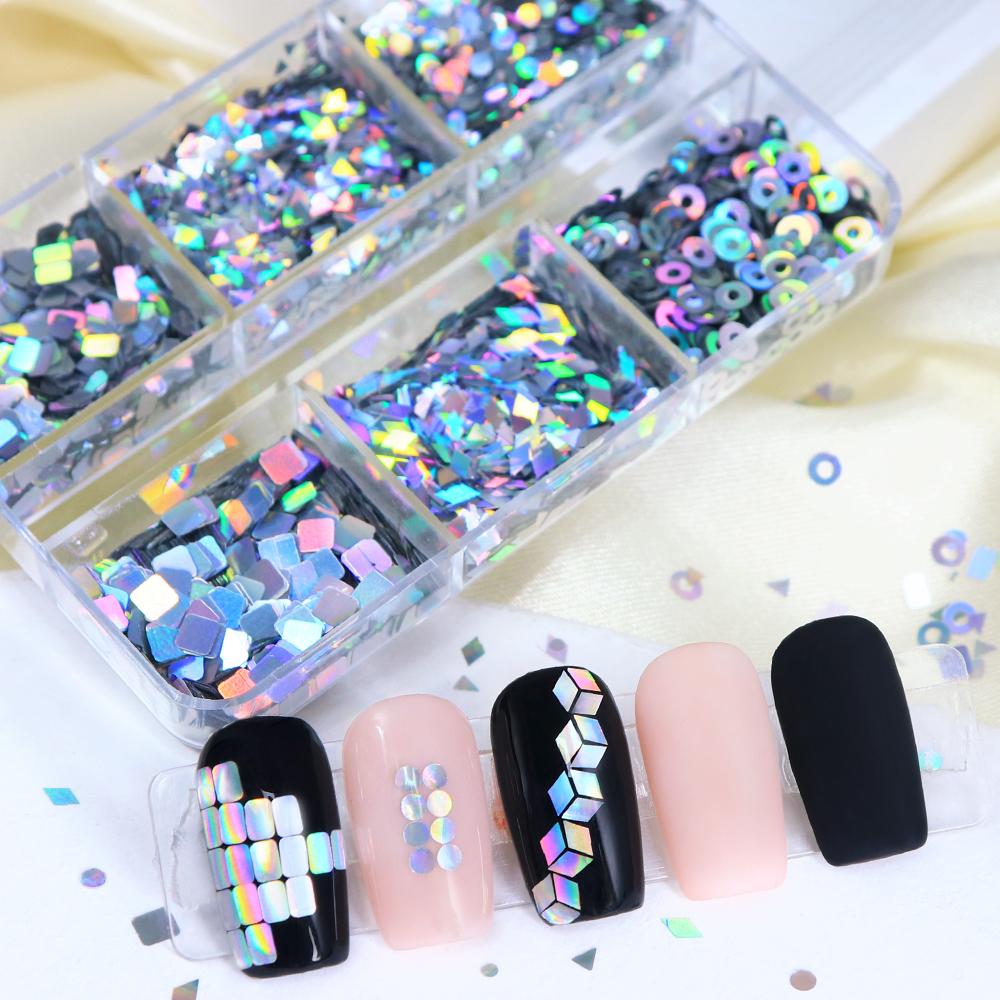

6 Grids Holographic Geometric Nail Sequins Decoration, Glitter Rhombus, Round Flake DIY Nail Design Supplies, for Women and Girls Decorative Parts