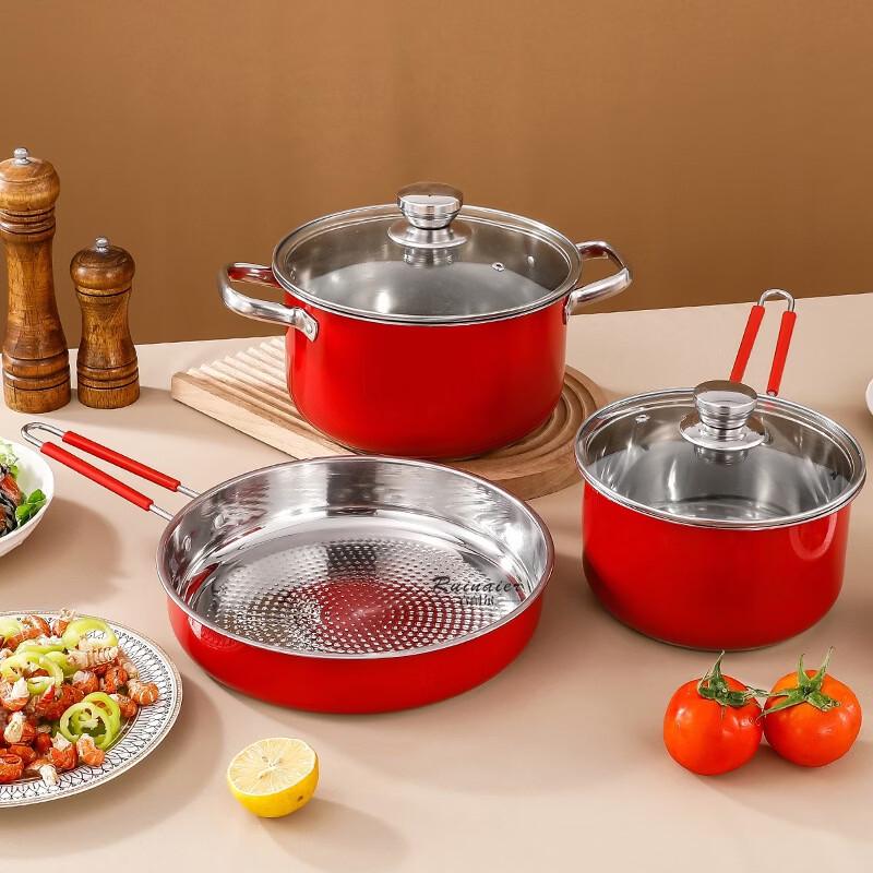 Le Chu He Li Red Stainless Steel 3-Piece Cookware Set
