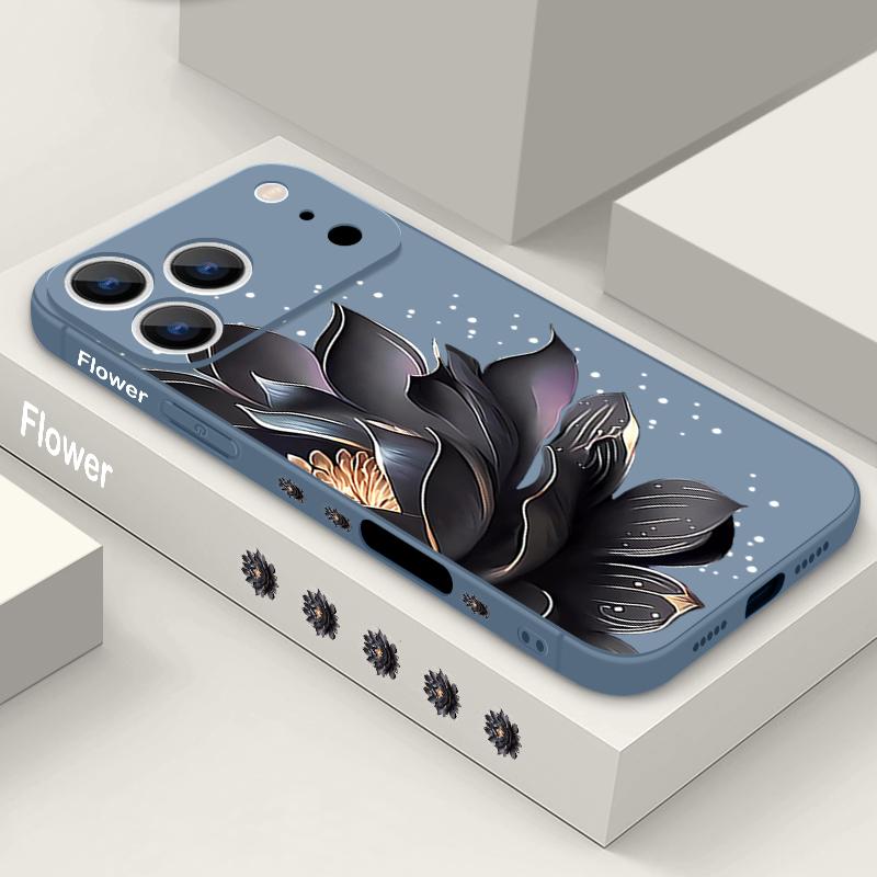 Black Rose Lotus Print Case For iPhone 17 Pro Case for iPhone 17 16 15 14 13 17 Pro Max 16e 15 16 Plus Shockproof TPU Silicone Lanyard Phone Cover