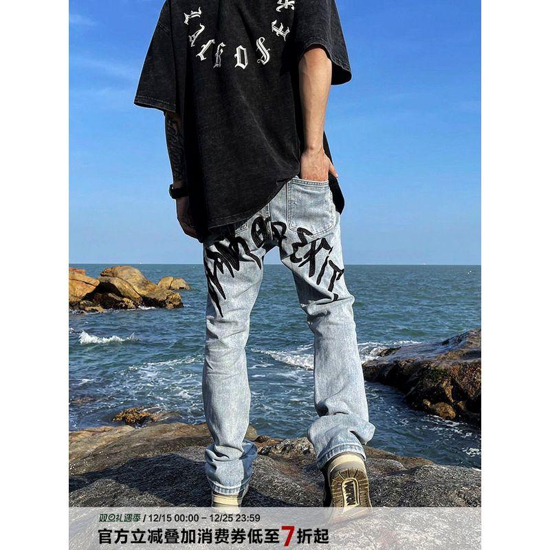 

Black of Exit Original High Street Style Embroidered Ripped Knife-Cut Flared Jeans National Trend Slimming Long Pants for Men