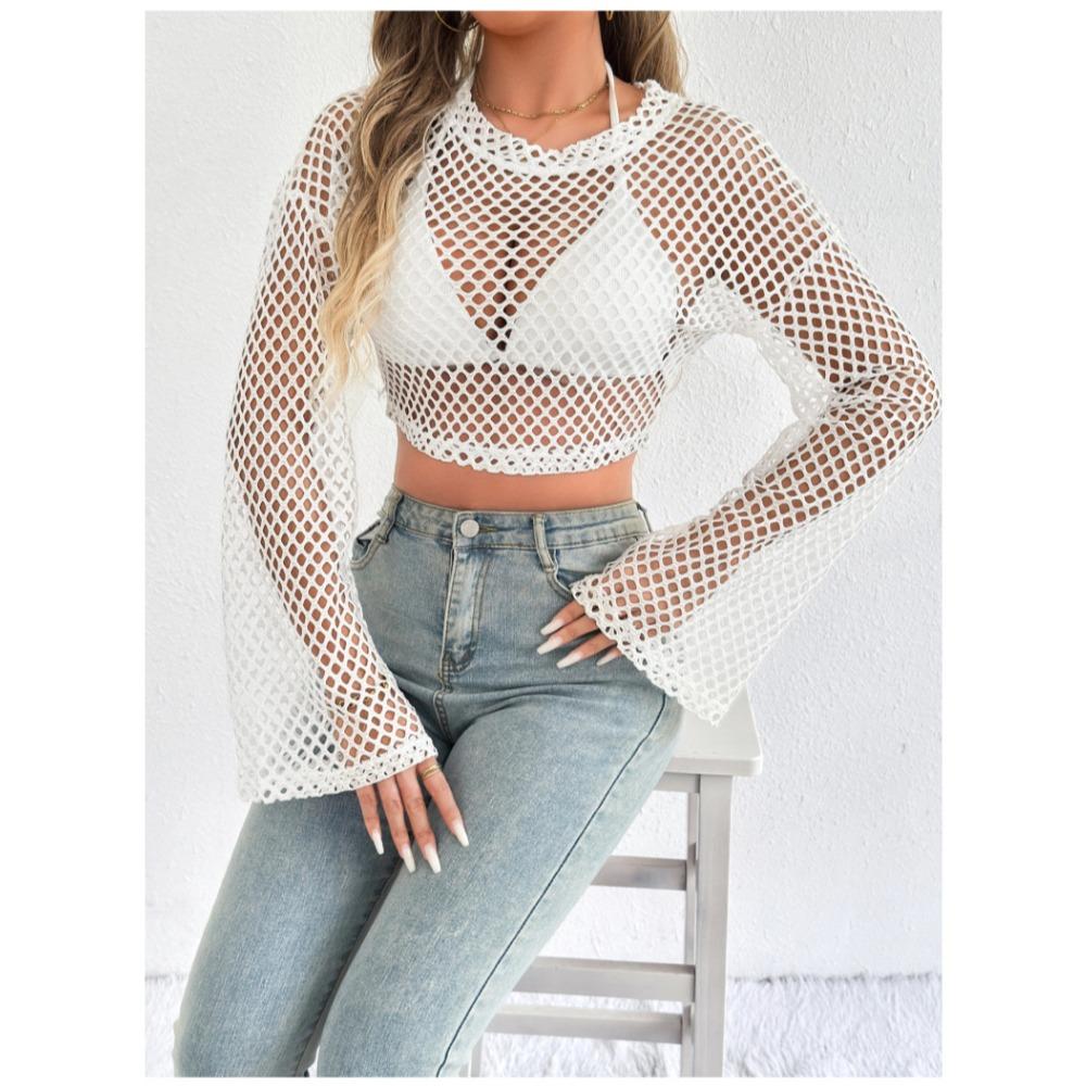 New Casual Perspective Sweater Flared Sleeves Loose Round Neck Hollow Navel Sweater for Women