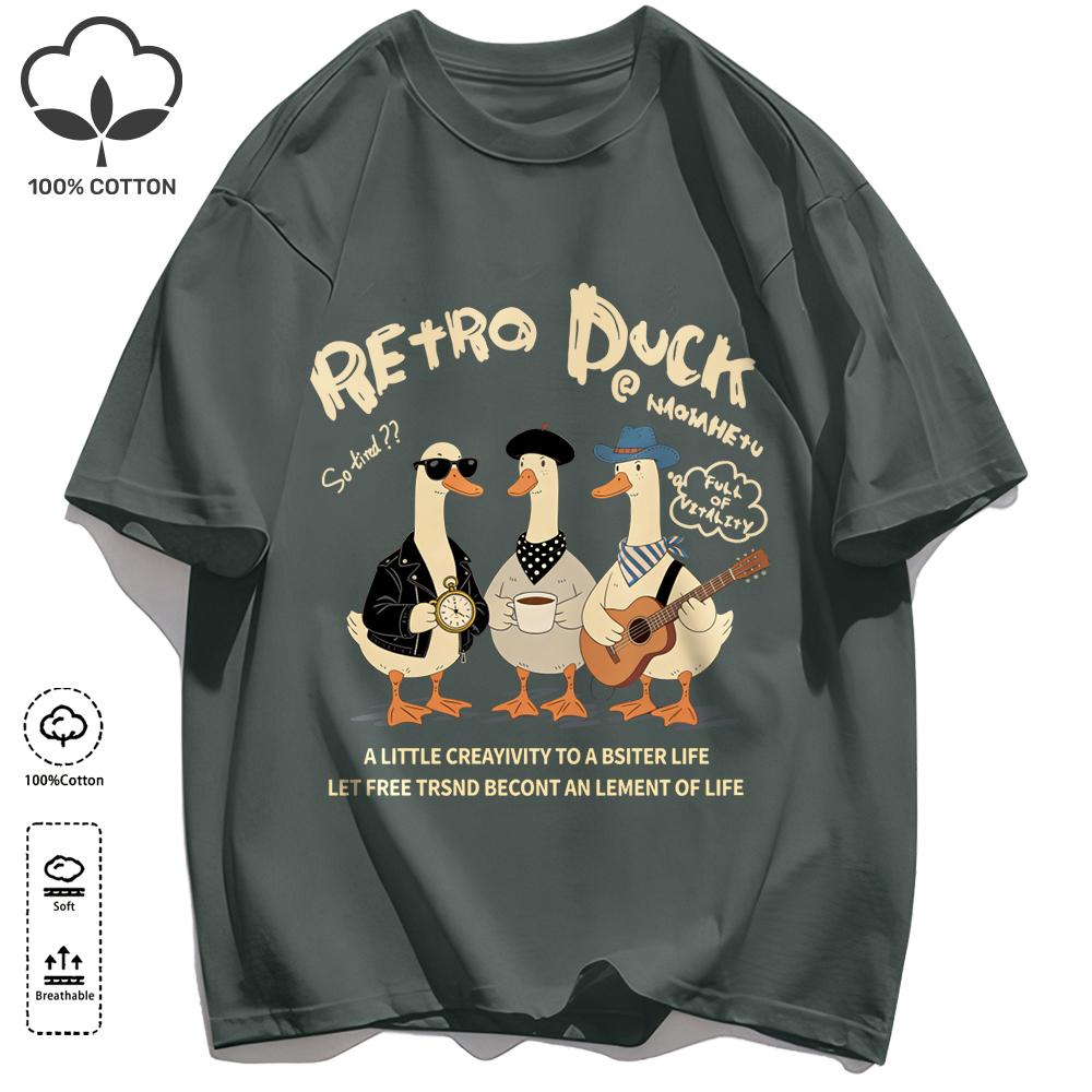 Retro Duck With Free Time T Shirt Unisex Fashion All-Match Basics Streetwear O-Neck Cotton Clothing Unisex Summer Loose Tee