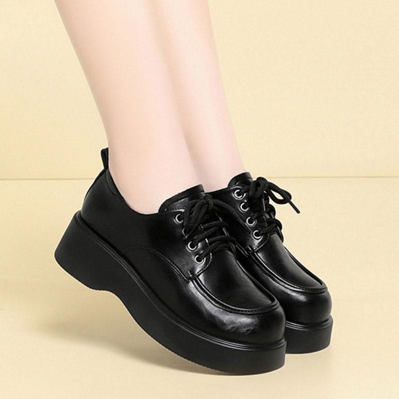 Commuter Work Women Shoes Black Leather Shoes Flat Lace-Up Soft Sole Work Professional Shoes Thick Sole Women Shoes Comfortable