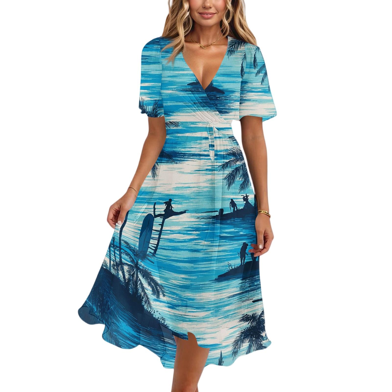 Women V Neck Short Sleeve Casual Dress Vintage Floral Print Midi Dress A Line Summer Dress M