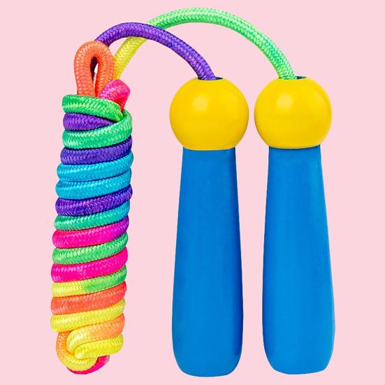 Ergonomiczny Design Nieplącząca się Dziecięca Skakanka z Drewnianą Rączką z Nadrukiem w Paski w Kolorach Tęczy Regulowana Długość