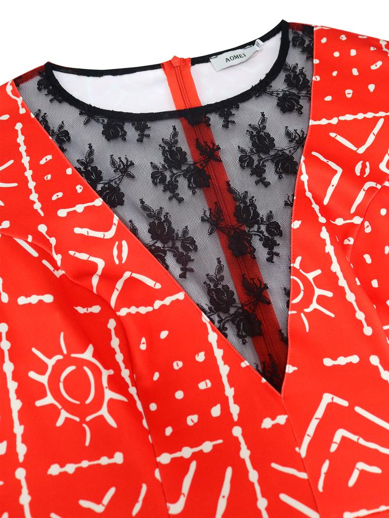 AOMEI Printed Long Party Dresses for Women Red Black Lace Patchwork O Neck  See Through Vintage Elegatn Celebrate Occasion Gowns Retro