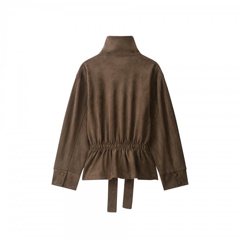 Womens 2026 Suede-Texture Belted Oversized Jacket Streetwear Style Long Sleeve Stand Collar