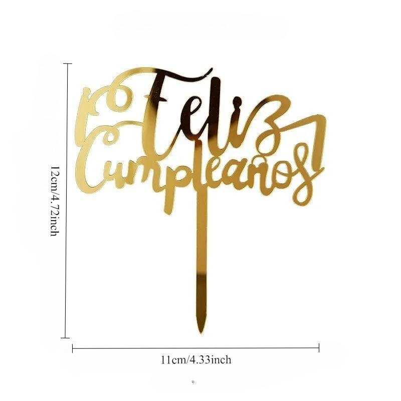 Acylic Feliz Cumpleanos Espanol Spanish Happy Birthday Cake Topper Gold Crown Design Cupcake Baking Supplies Party Decoration