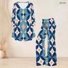 Women Plus Size Blue Pink Geometric Printed V Neck Three Quarter Sleeve Flared Top Flared Pants Two Piece Set