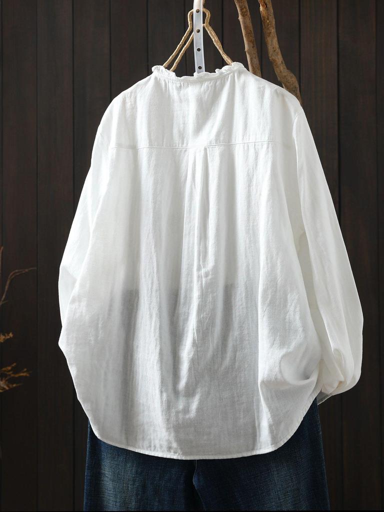 Spring/Summer 2026 Women's Embroidered Cotton Linen Cardigan with Ruffled Collar and Long Sleeves.