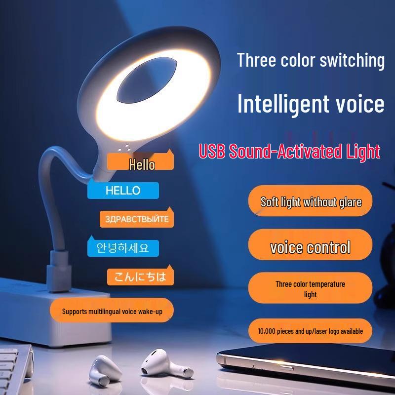 

Smart Voice-Activated LED Night Light, USB-Powered, Eye Protection Bedside Lamp with Sound Control for Students. Regular