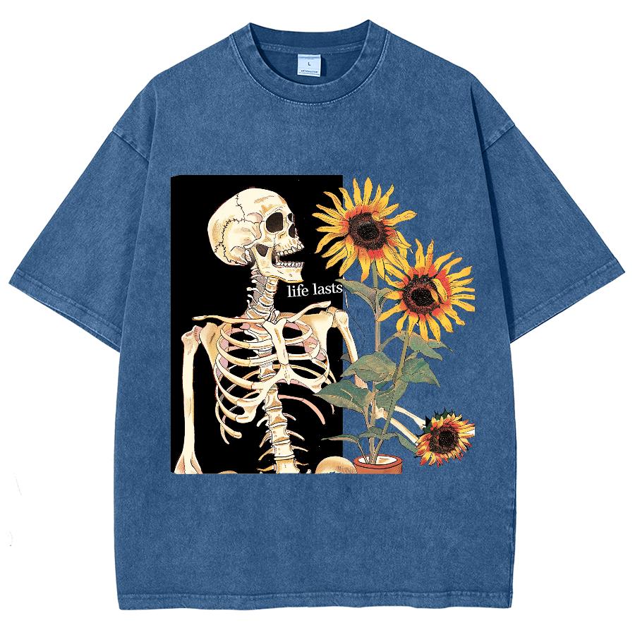 Skull Sunflower Print Printing T-Shirts Women 100% Cotton T-Shirt Breathable Clothing Casual Oversized Tee Shirt