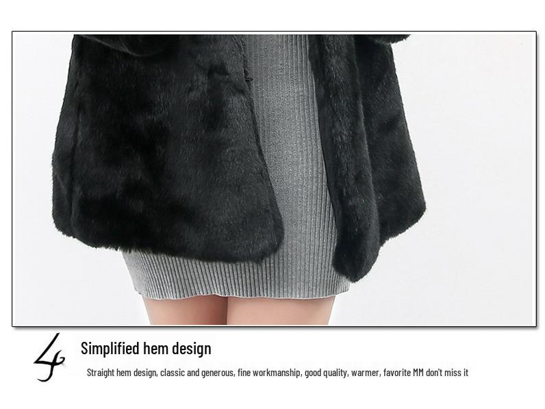 Women's Mid-Length Faux Mink Coat with Hood and Fox Fur Collar - Korean Style