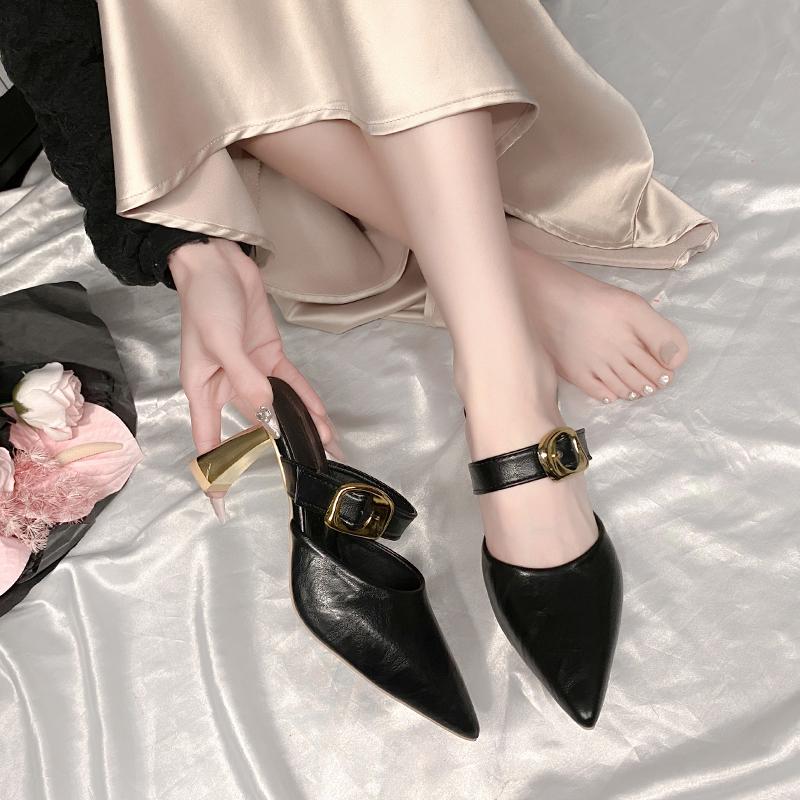 Fashion High Heel Slippers Summer New Sharp Head Shallow Mouth Metal Buckle Set Foot Anti-slip Wear-resistant Heel Shoes