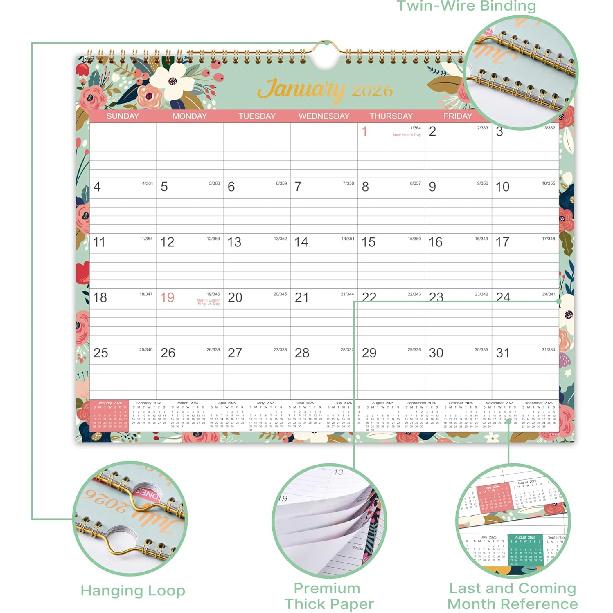 2026 Calendar - 2026 Wall Calendar, Jan 2026 - Dec 2026, 2026 Wall Calendar 12 Month, 15" X 11.5", Twin-Wire Binding, Julian Dates, Large Block,