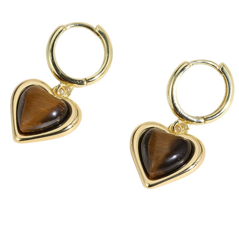 Elegant Natural Tiger Eye Heart Stud Earrings - Autumn/Winter Style, Fashionable and Versatile Light Luxury Jewelry for Women.