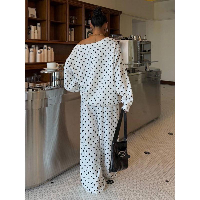 Womens Polka Dot Print Off Shoulder Long Sleeve Loose Casual Two Piece Sweatshirt Pant Set