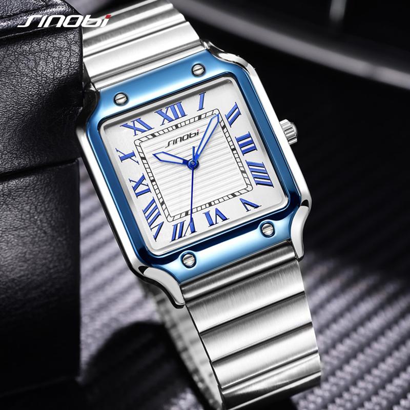 SINOBI Casual Design Men's Quartz Watches Fashion Stainless Steel Man's Wristwatches Business Square Clock
