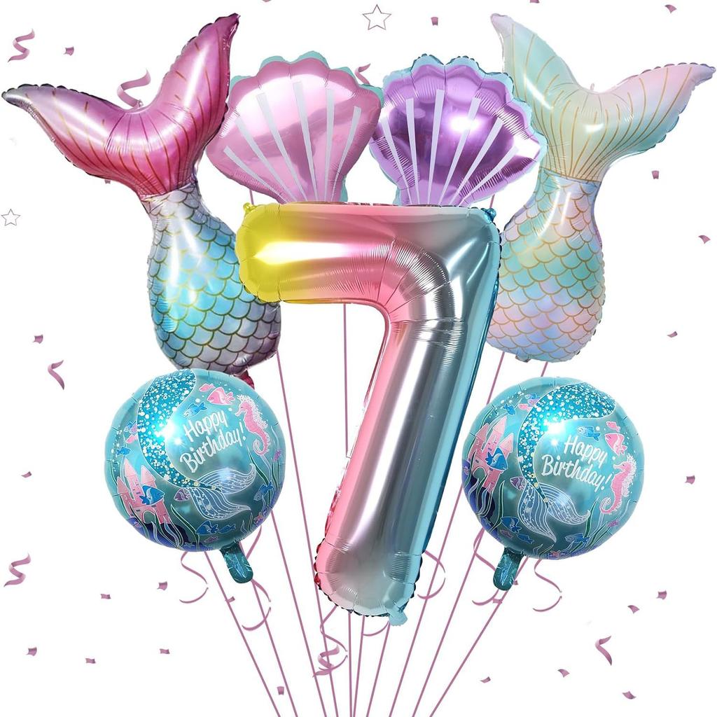 Meerjungfrauen-Mottoparty-Dekorationen Helium-Folienballons Schwanzdesigns Regenbogen-Zahlen Muschel-Akzente für Kindergeburtstag Babyparty