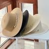 New French Flat Top Straw Hat For Women, Big Head Waist, Beach Top Hat, Woven Pearl Chain Sunscreen Hat