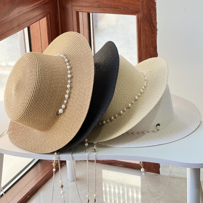 New French Flat Top Straw Hat For Women, Big Head Waist, Beach Top Hat, Woven Pearl Chain Sunscreen Hat