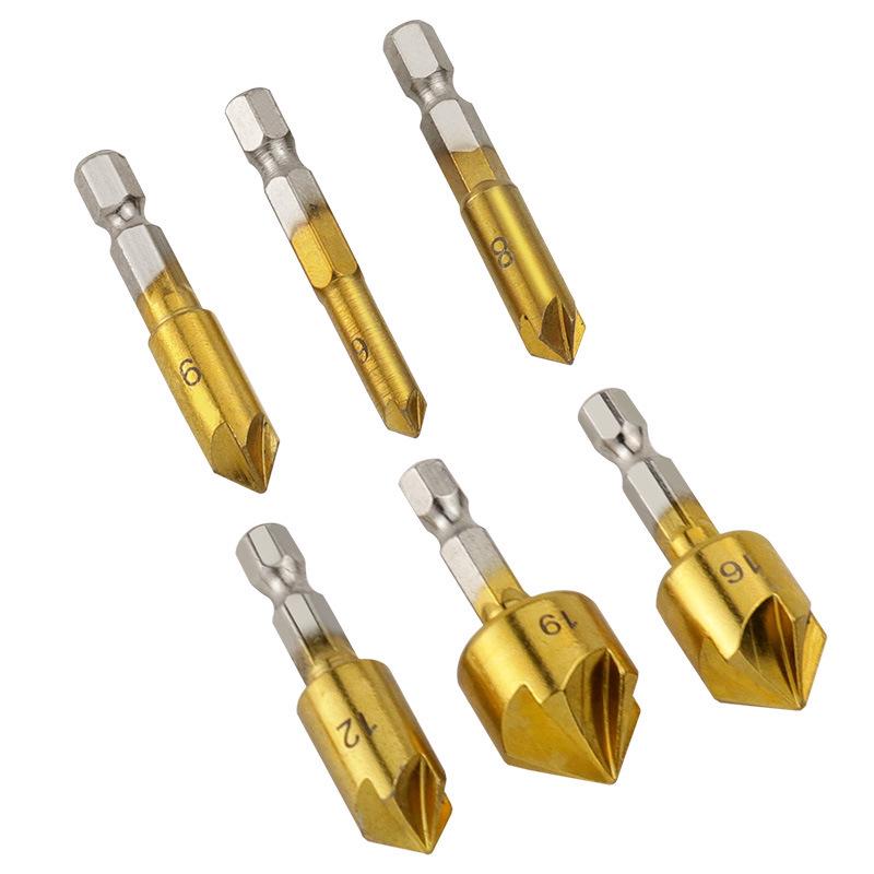 Plastic Wood Board Chamfering Tool Set: 82° Hex Shank Five-Flute Countersink, 6mm-19mm, Six Pieces.