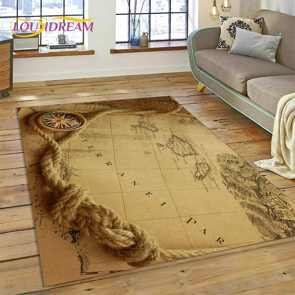 3D Oude Zeekaart Wereldkaart Kompas Tapijt Tapijt voor Slaapkamer Woonkamer Bank Decoratie, Kinderspel Grote Decoratieve Vloermat