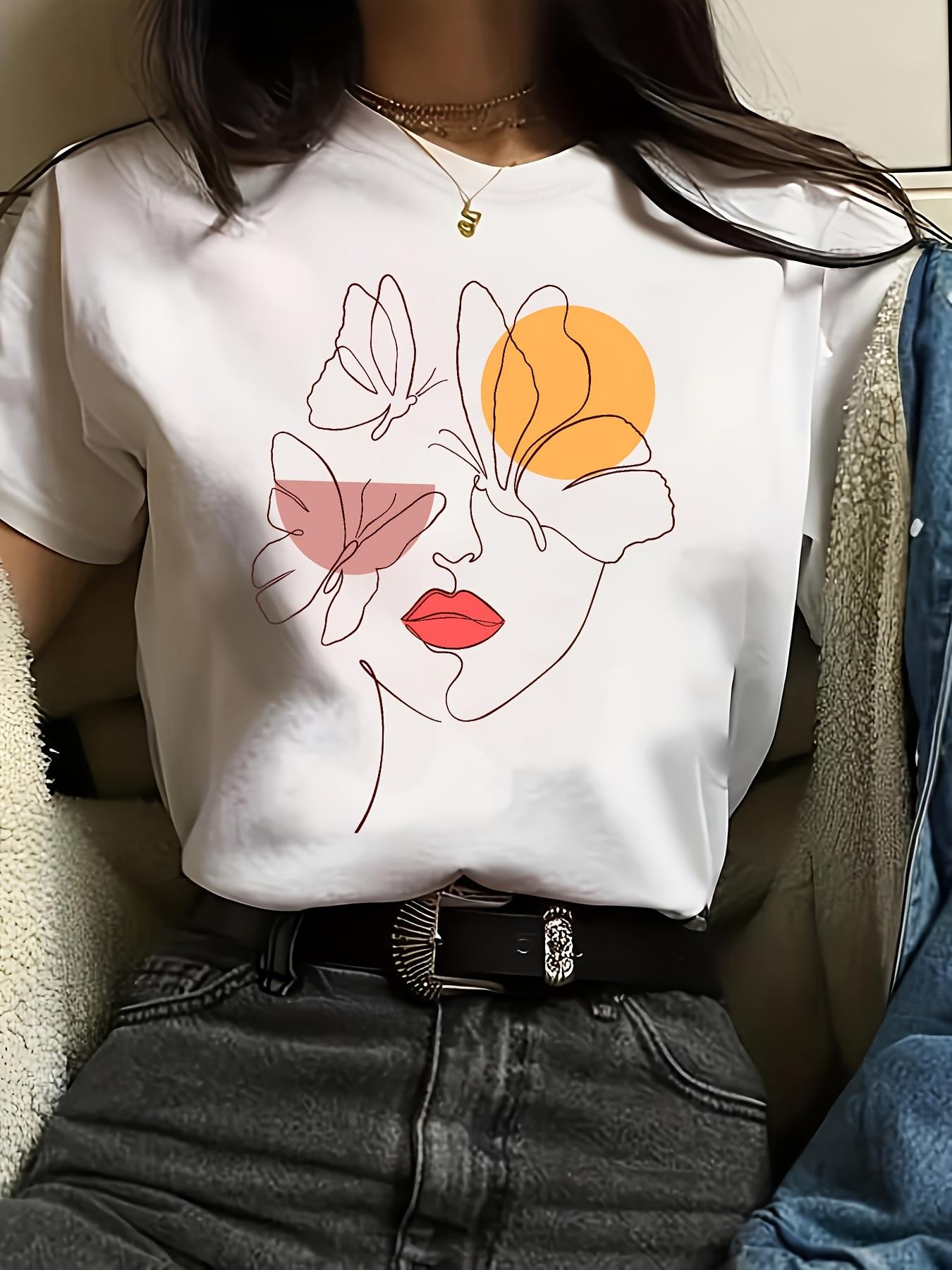 

Футболка с принтом фигуры и бабочки, с коротким рукавом, с круглым вырезом, повседневный топ для лета и весны, женская одежда S