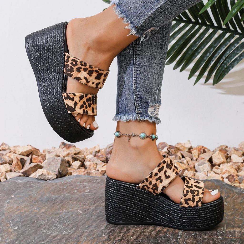 Dámske leopardie papuče Letné klinové podpätky Plážové papuče Dámska móda Ležérne platformové sandále Šľapky Dámske Zapatos De Mujer