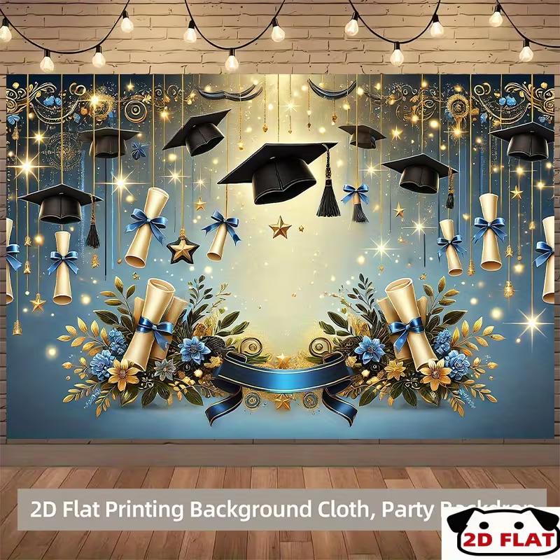 2D Graduation Cap and Diploma Backdrop, Blue Gold Stars Graduation Background