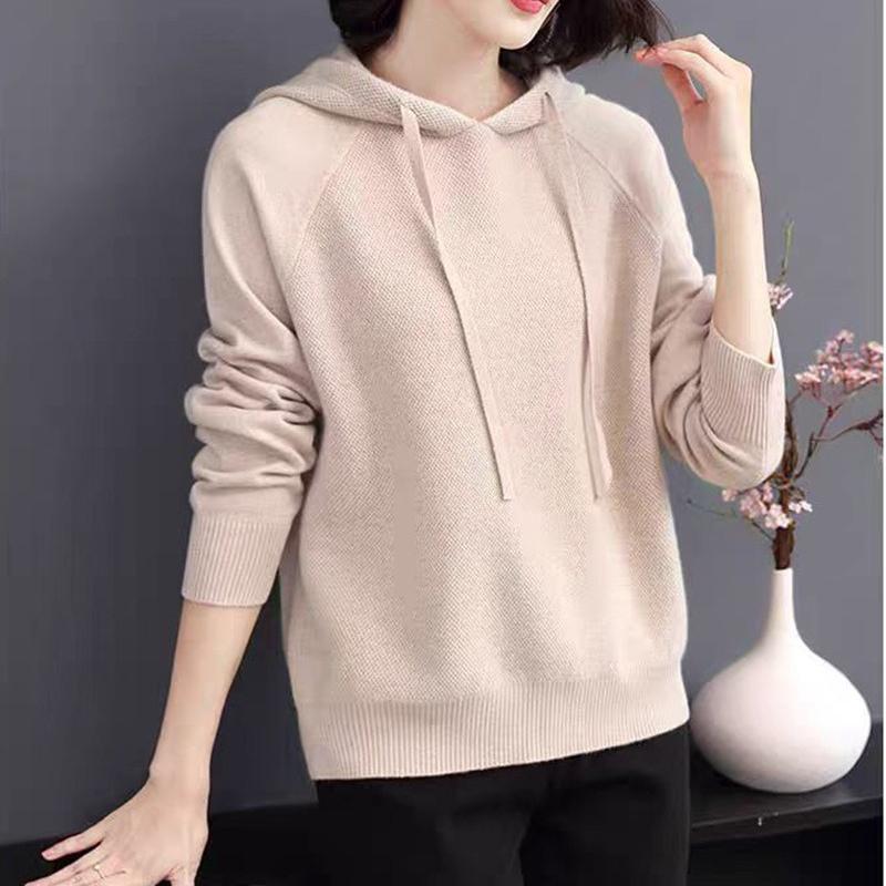 Hooded Drawstring Knitted Sweatshirt for Women Solid Color Loose Sweater Long-sleeved Pullover for Autumn and Winter Women's Sweater Coat