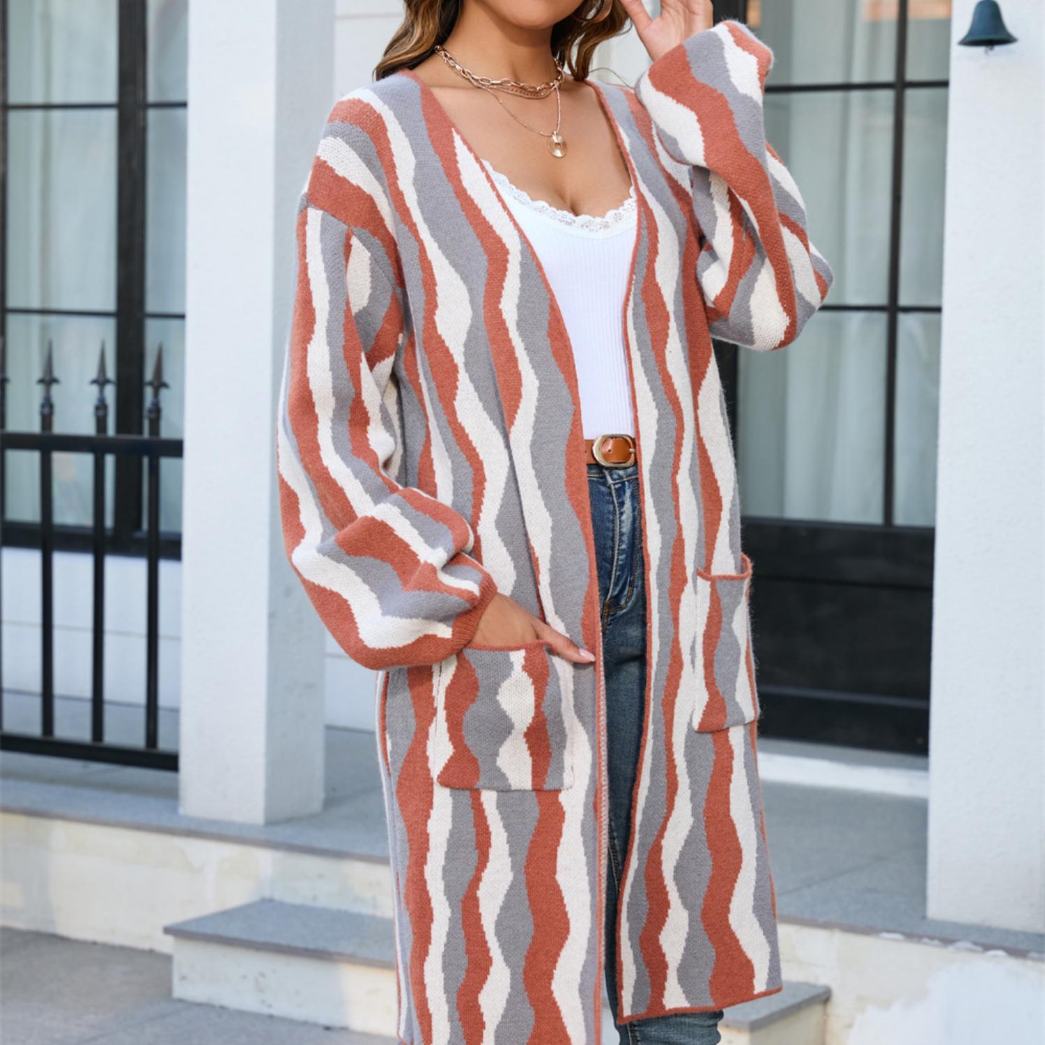 

Осень/зима 2023, женский повседневный длинный свитер, модный вязаный кардиган, свитер с карманами, пальто XL