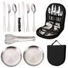Outdoor stainless steel tableware set, portable travel camping 10-piece set, barbecue plate, food clip, knife, fork, spoon.