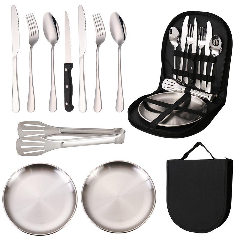 Outdoor stainless steel tableware set, portable travel camping 10-piece set, barbecue plate, food clip, knife, fork, spoon.